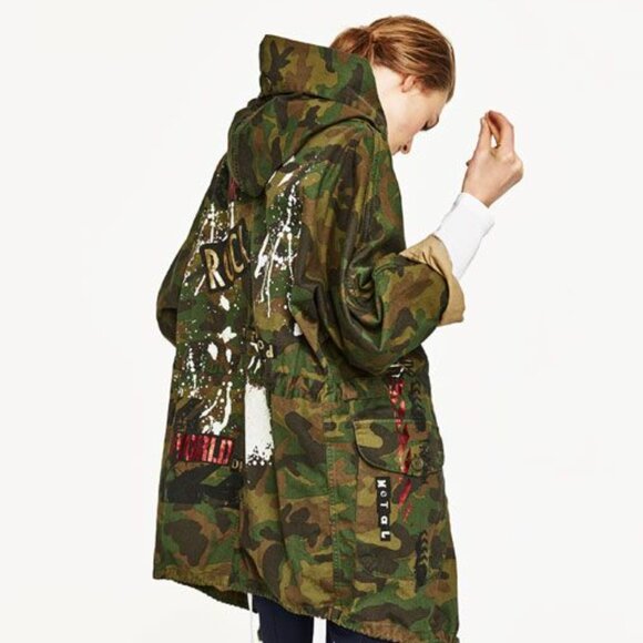 Zara Oversized Camo Jacket SMALL Cinch Tie Waist Punk Grunge Streetwear - Picture 1 of 11